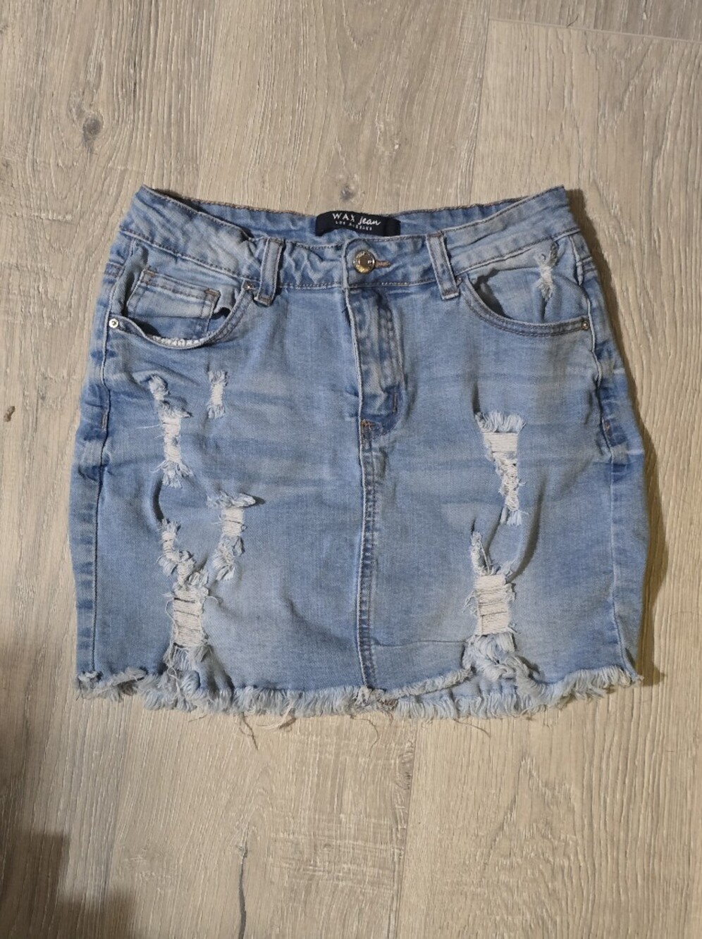 Wax Jean Light Blue Distressed Denim Mini Skirt